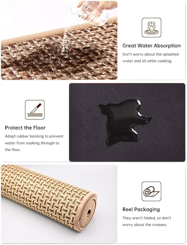 eqivei Kitchen Rugs and Mats Non Skid Washable Set of 2 PCS, Absorbent Runner Rugs for Kitchen, Farmhouse Weave Floor Mats in Front of Sink, 17.3"x 47"+17.3"x 29" (Brown) - color: Brown