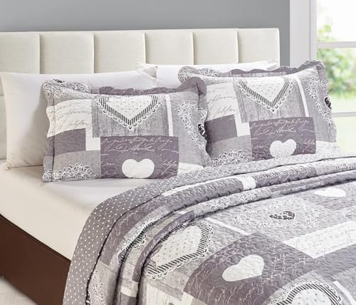 Brilliant Sunshine Grey Heartlove Pillowshams Set, 20"x26"+2" | Patchwork Design, Quilted Standard Pillowcases, Washable Scallop Edge Pillow Covers, Pack of 2 - color: Grey White, size: 20 x 26 inches
