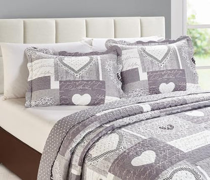Brilliant Sunshine Grey Heartlove Pillowshams Set, 20"x26"+2" | Patchwork Design, Quilted Standard Pillowcases, Washable Scallop Edge Pillow Covers, Pack of 2 - color: Grey White, size: 20 x 26 inches