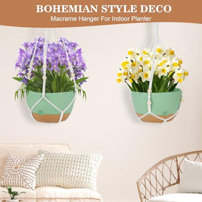Self Watering Hanging Planter, 3 Pack 10 Inch Macrame Plant Hanger with Flower Pot, Metal Chain, S & Ceiling Hooks, Drainage Holes, Removable Saucer, Hanging Basket for Indoor Outdoor Plants - Green - color: Green