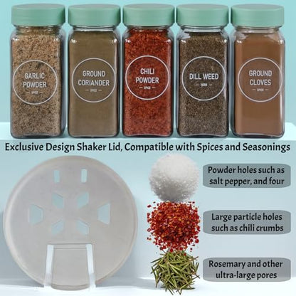 Spice Jars with Labels - 24 Glass Spice with Shaker Lids & Airtight Plastic Caps - 4oz Complete Seasoning Containers Organizer Set for Cabinet, Drawer & Rack (Light Green) - color: Light Green