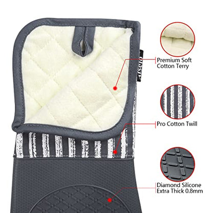 Alselo Silicone Oven Mitts Heat Resistant 932℉ with Waterproof & Non-Slip | Kitchen Mittens Set of 2,Extra Long 7.5"x15" Oven Gloves with Soft Cotton Terry Lining for Baking Cooking BBQ(Grey,2) - color: Gray