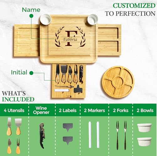NBE Custom Engraved Bamboo Cheese Board with 3 Drawers & Utensil Set - Personalized Charcuterie Serving Tray, Mother's Day Wedding Housewarming Gifts for Women Couples