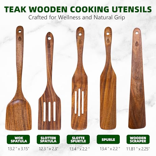 5 Pcs Teak Wooden Utensil Set, Wooden Spoons for Cooking | Non-Toxic & Nonstick Safe Kitchen Utensil, Durable Comfort Grip, Heat Resistant Wood Spatula Set - size: 5 Pieces Set