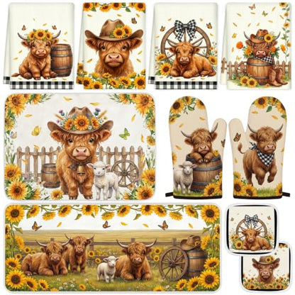 10PCS Highland Cow Kitchen Decor Set, Sunflower Towels Pot Holders Oven Mitts Mats for Home Baking Gifts