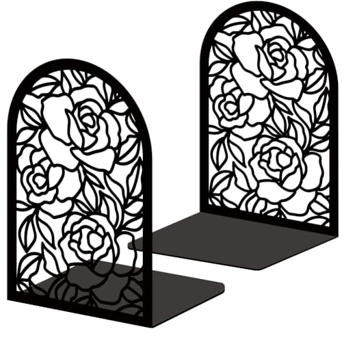 Book Ends Black Metal Bookends for Shelves Decor Rose Heavy Duty Bookends for Book Supports Unique Book Stopper for Office Book Holder Shelf Accessories 7x4.7x3.5 inch 1 Pairs/2 Pcs - style: Rose