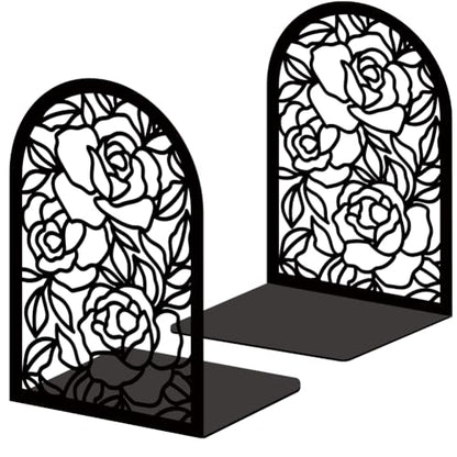 Book Ends Black Metal Bookends for Shelves Decor Rose Heavy Duty Bookends for Book Supports Unique Book Stopper for Office Book Holder Shelf Accessories 7x4.7x3.5 inch 1 Pairs/2 Pcs - style: Rose