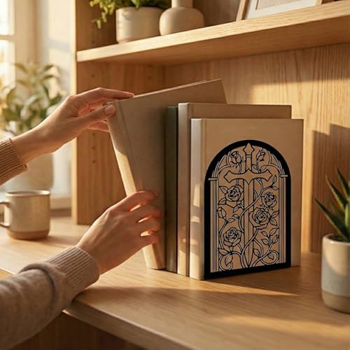 Bookends for Shelves, 2 Pcs Rose Flower Sword Design Book Ends Metal Decorative Bookends for Home Office and Library, Black - style: Rose and Sword