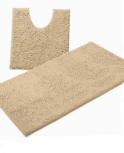 LuxUrux Luxury Chenille Bathroom Rugs - 2-Piece Set, Soft Plush Anti-Slip Bath Mat + U-Shaped Toilet Mat. Super Absorbent, Perfect for Bathroom Decor. (36'' X 24'' + 24'' x 20'' U, Birch) - color: Birch, size: 2 Piece Set - Large