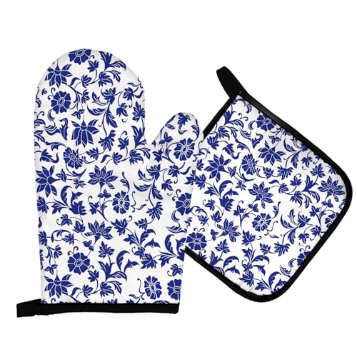 Mingnei Blue Porcelain Floral Oven Mitts and Pot Holders Set, Blue White Flower Heat Resistant Potholder Kitchen Decor for Cooking Baking BBQ, Chinoiserie Oven Glove Set - color: Blue