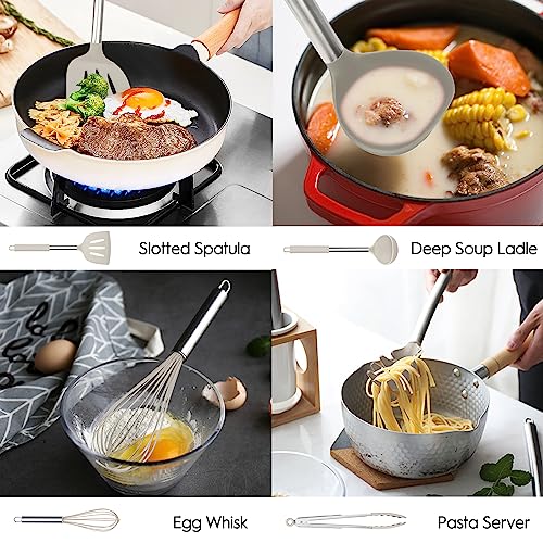 MIBOTE Silicone Kitchen Cooking Utensils Set, Steel Handle, Khaki | Heat Resistant, BPA-Free Silicone Kitchen Tools Set with Stainless Steel Handle – Durable, Non-Toxic Cooking Utensils Set - color: 3-Khaki