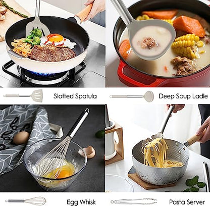 MIBOTE Silicone Kitchen Cooking Utensils Set, Steel Handle, Khaki | Heat Resistant, BPA-Free Silicone Kitchen Tools Set with Stainless Steel Handle – Durable, Non-Toxic Cooking Utensils Set - color: 3-Khaki