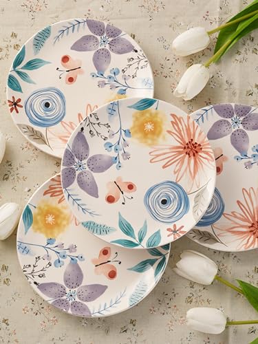 Bico Blossom Symphony Salad Plates Set of 4, 8.75 Inch Ceramic Dessert Plates for Salad, Appetizer, Side Dishes, Microwave and Dishwasher Safe, Gift for Housewarming and Thanksgiving - color: Blossom Symphony