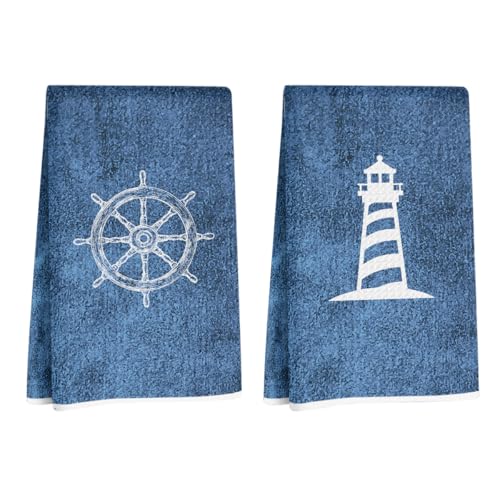 2 Pcs Nautical Hand Kitchen Towels, Navy Blue Gifts for Women Mom Friend | Nautical Decor Reusable Dish Towels for Kitchen Coastal Bathroom Decor, Waffle Weave Hand Cloth Tea Towel Square - color: Boat & Lighthouse