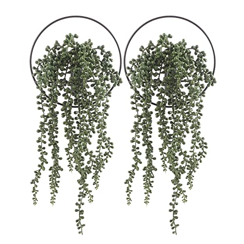 Pretty Jolly Boho Succulent Wall Decor Black Metal Wall-Mounted Art | Morden Artificial Greenery Display，2 Pack Hanging Planter For Living Room, Bedroom, Bathroom, Dining room - color: 10-greenery-plant - Black Ring, size: S 7.8inch (Black Ring)