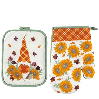 Fall Decor Kitchen Towels and Pot Holder Set: Garden Gnomes and Country Plaids with Autumn Sunflowers Welcome You from Our Gnome to Yours - color: Autumn Gnomes