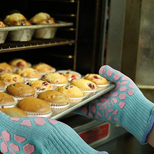 J H Heat Resistant Oven Glove: EN407 Certified 932 °F BBQ & Oven Mitts for Grlling, Baking, Kitchen, Camping,Fireplace Indoor&Outdoor 1 Pair - color: Turquoise Shell With Pink Coating