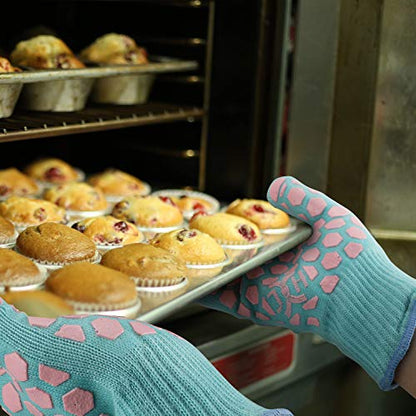 J H Heat Resistant Oven Glove: EN407 Certified 932 °F BBQ & Oven Mitts for Grlling, Baking, Kitchen, Camping,Fireplace Indoor&Outdoor 1 Pair - color: Turquoise Shell With Pink Coating