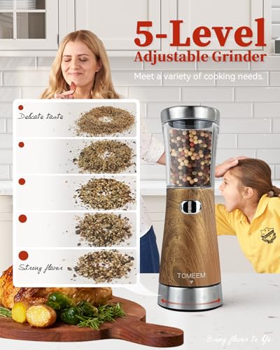 Electric Salt and Pepper Grinder Set with Storage Base, Stainless Steel Rechargeable Salt and Pepper Grinder Set with 4.5 oz Large Capacity, 1.8" Wide Mouth, Adjustable Coarseness, Ideal for Kitchen - color: Dark Wood Grain