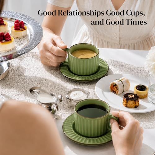 DOWAN Cappuccino Cup Set of 4, 8 OZ Ceramic Coffee Cups with Saucers, Coffee Mugs, Ribbed Espresso & Latte Cups Set, Elegant Stoneware for Home & Café Use - color: Green, size: 8 oz