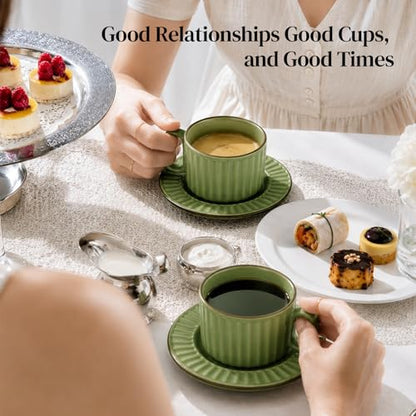 DOWAN Cappuccino Cup Set of 4, 8 OZ Ceramic Coffee Cups with Saucers, Coffee Mugs, Ribbed Espresso & Latte Cups Set, Elegant Stoneware for Home & Café Use - color: Green, size: 8 oz