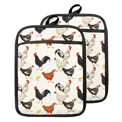 Farmhouse Chicken Pot Holders with Pockets, Farm Rooster Hen Chick Oven Pot Holders Heat Resistant Oven Mitts Hot Pads for Kitchen Baking Cooking