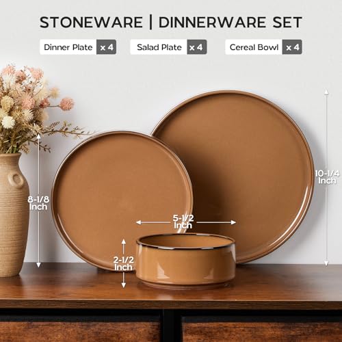 Onader Stoneware Dinnerware Sets for 4, Plates and Bowls with Unglazed Terracotta Bottom, Elegant Kitchen Ceramic Dish Dishware Set, Reactive Glaze 12 Piece - Earthy Umber - color: Earthy Umber