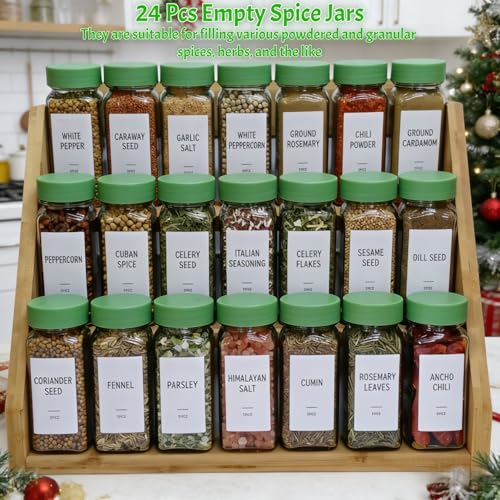 Spice Jars with Labels - 24 Glass Spice with Shaker Lids & Airtight Plastic Caps - 4oz Complete Seasoning Containers Organizer Set for Cabinet, Drawer & Rack (Green) - color: Green