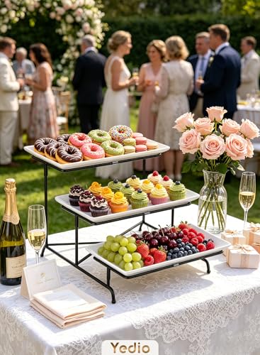 3 Tier Serving Tray, 12 Inch Dessert Display Stand, Black Stand | 3*Porcelain Durable Serving Plates, Microwave/Dishwasher Safe, Modern Cupcake Fruit Buffet Display, Wedding/Tea/Party serving - color: Black, size: 12 Inch