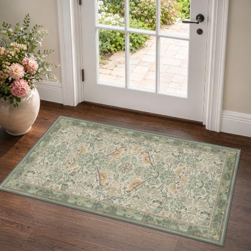 Washable Sage Green Floral Rugs for Entryway - Small 2x4 Runner Rug for Kitchen Bathroom Door Mat Indoor Entrance with Bird & Botanical Pattern, Light Green and Beige, Non Slip Low Pile - color: Sage Green, size: 2' x 4' (Rectangular)