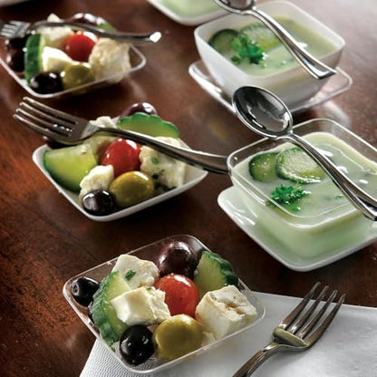 Mini Appetizer Set - Assorted Sizes (Pack Of 96) - White, Clear & Silver Plastic Serving Dishes - Perfect For Parties, Weddings & Home Entertaining