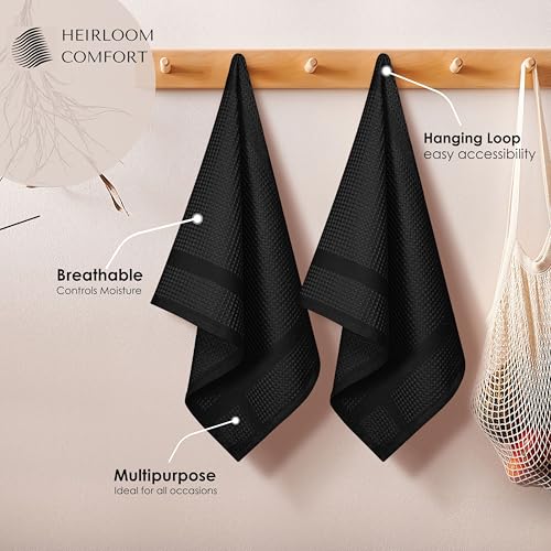 5 Pack Black Waffle Weave Kitchen Towels, 16x26 Inch, 100% Cotton, Absorbent Dishcloth Set, Quick Drying, Durable for Cleaning, Wiping, Drying Dishes, Machine Washable Dish Towel - color: Black, style: 5 Pack