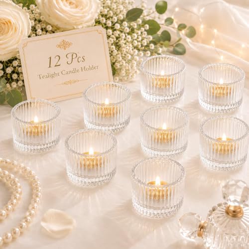 Lanttu 12 Pcs Clear Tealight Candle Holder 2'' x 1.4'' | Small Votive Candle Holders for Wedding , Glass Tea Light Candles Holder for Party & Home Decor, Table Centerpiece - color: Clear