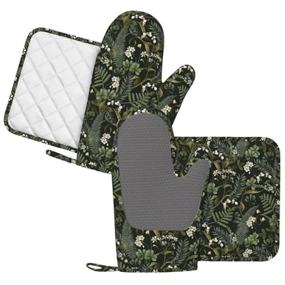 Botanical Oven Mitts and Pot Holders Sets Silicone White Flowers Berries and Leaves Kitchen Oven Mitts Hot Pads Heat Resistant Potholders Kitchen Mitts Set for Baking BBQ Cooking - color: Black White