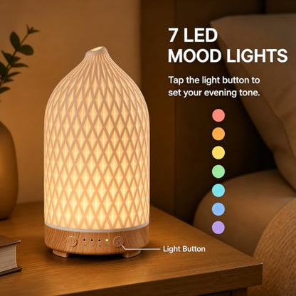 200ML Ceramic Essential Oil Diffuser for Home, Stone Diffuser | Ultrasonic Aromatherapy Diffuser & Air Humidifier for Bedroom, Office, Yoga, 7 LED Lights, Auto Shut-Off, 3 Timers, Rhombus - color: Rhombus