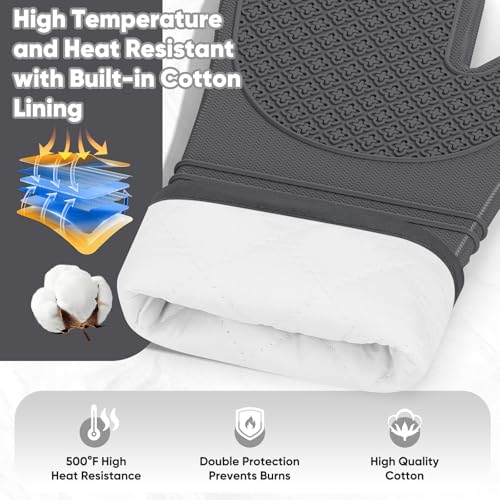 Silicone Oven Mitts, Heat Resistant Oven Gloves with Quilted Liner, Waterproof & Non-Slip Kitchen Mittens for Baking Cooking BBQ, 500°F, 12.5"-Deep Gary - color: Deep Gary