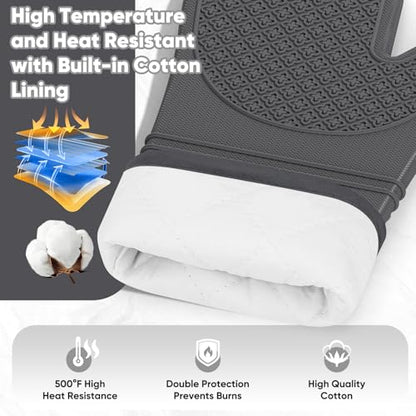 Silicone Oven Mitts, Heat Resistant Oven Gloves with Quilted Liner, Waterproof & Non-Slip Kitchen Mittens for Baking Cooking BBQ, 500°F, 12.5"-Deep Gary - color: Deep Gary