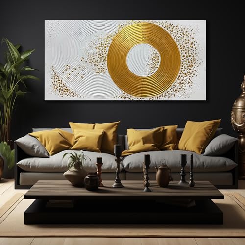 Abstract Circle Hand Painted Wall Art for Office White and Gold Pictures Wall Decor for Bedroom Extra Large Wall Art for Living Room Size 36 x 72 Inch - color: Gold and White, size: 72"L x 36"W