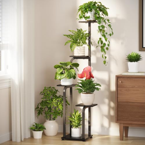 LASZOLA Plant Stand Shelf Tall for Indoor Corner Flower Rack, 5 Tier Black | Modern Multiple Display with Wooden Tray, Metal Vertical Planter Holder for Living Room Bedroom Patio Garden Balcony - color: Standard Black, size: 5 Tier