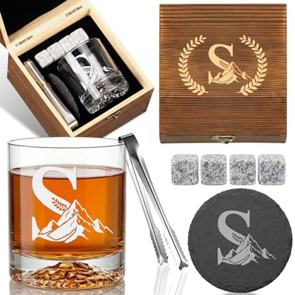 Personalized Whiskey Glass Gift Set for Men – Monogrammed Initial Rocks Glass with Slate Coaster, Wooden Box & Whiskey Stones, Birthday Father's Day for Him Dad Husband (S)