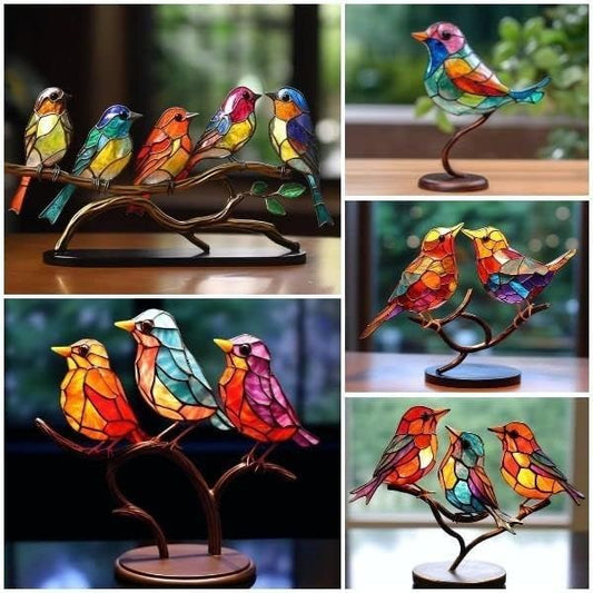 2023 New Stained Metal Birds On Branch Desktop Ornaments, Metal Flat Double Sided Colorful Birds Tabletop Decorations, Multicolor Hummingbird Craft Statue Bird Figurines Sculpture for Home Decor. - color: Get All (All 5 Set)