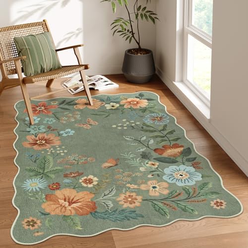 Lahome Floral Washable Rugs, 4X6 Rug for Bedroom Ultra-Thin Soft Dining Room Rug, Non-Slip Living Room Rugs Stain Resistant Boho Rug Lightweight Flore Throw Rug for ‎Office (4x6ft,Green) - color: Green, size: 4' x 6'(Rectangular)