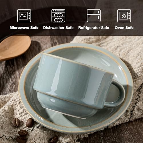 JIEMEI HOME Porcelain Stackable Espresso Cups with Saucers and Metal Stand, 4 Ounce Demitasse Cups for Latte, Cafe Mocha, Tea - Set of 6, Reactive Glaze, Wild Sage Earth Speckle - color: Wild Sage Earth Speckle