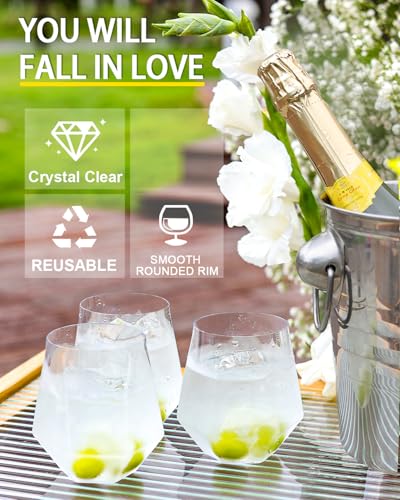 40 Pack Plastic Wine Glasses, 12 Oz Disposable Cocktail Whiskey Glasses | Clear Diamond Stemless Champagne Margarita Glasses, Unbreakable Reusable Plastic Party Cups for Wedding Birthday - color: Clear-40 Pack