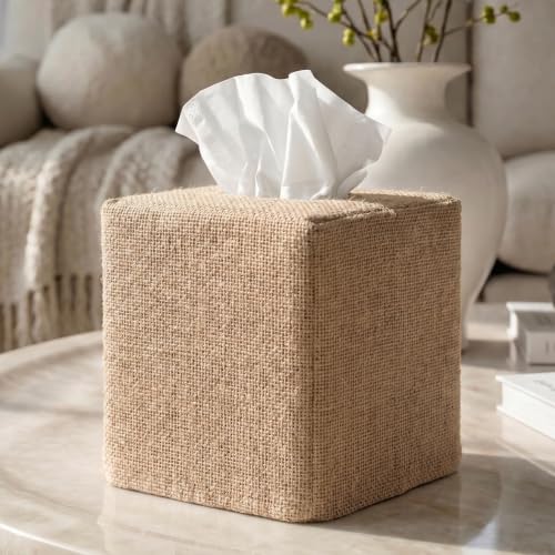 Stylish Tissue Box Cover - Burlap Soft Fabric Slip-On Covers Tissue Box | Decorative Square Cube Cover for Your Bathroom and Home