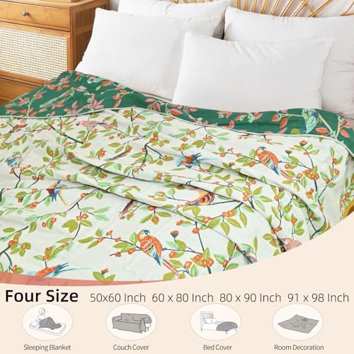 Boho Throw Blanket for Couch Bed, 100% Cotton Soft Rustic Quilt 60''x 80'', Super Soft Bohemian Decor Reversible Sofa Bed Chair Blanket Cover for All Seasons(Floral Bird)