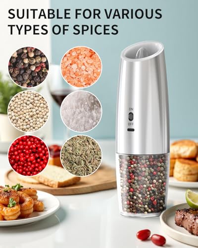 CIRCLE JOY Rechargeable Gravity Electric Salt and Pepper Grinder Set, Stainless Steels Salt and Pepper Mills with LED Light, No Battery Needed, Adjustable Coarseness, Washable 135ml Container, Silver - color: Stainless Steel Set, size: KYMQ + Rechargeable