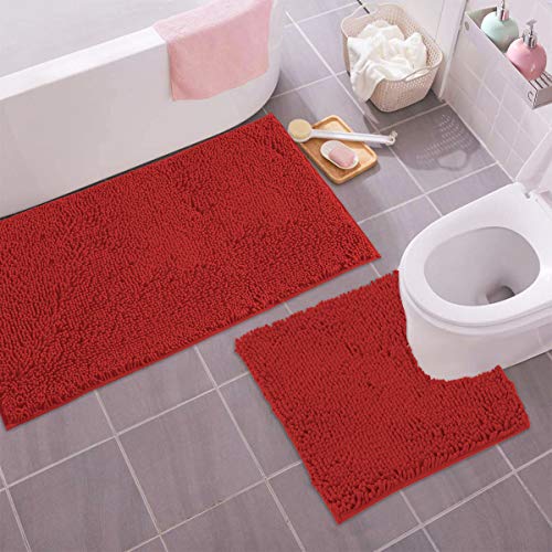 Christmas Bathroom Rugs Sets 2 Piece, Luxury Chenille Bath Mat Set, Soft Plush Anti-Slip Bath Rug + U-Shaped Toilet Mat. Microfiber Shaggy Carpet, Super Absorbent (24” x 36” & 20” x 24” U, Red) - color: Red, size: 2 Piece Set - Large