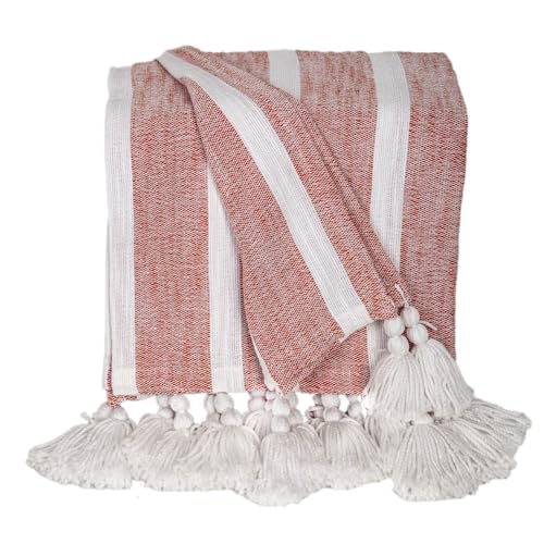 HomeRoots 50" X 60" Rust Woven Cotton Striped Throw Blanket with Tassels