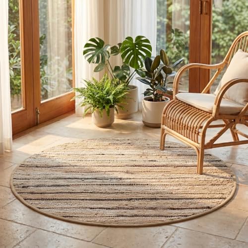 Chindi Area Rug 4 Feet Round - Beige | Cotton Circle Boho Rugs for Living Room, Easy Care Reversible Outdoor Carpet - color: Beige, size: 4' (Round)